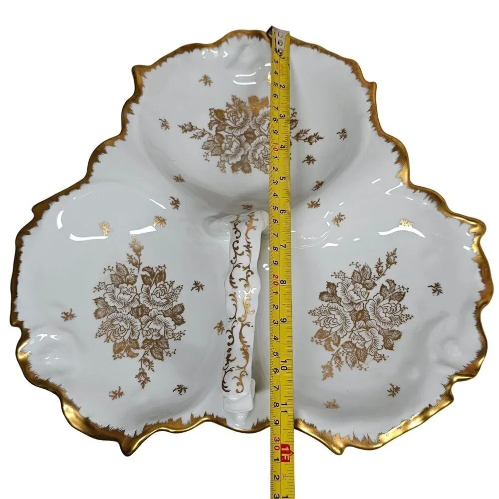 Vintage Porcelaine De France Hand Painted Divided Serving Dish Gold Trim & Flora